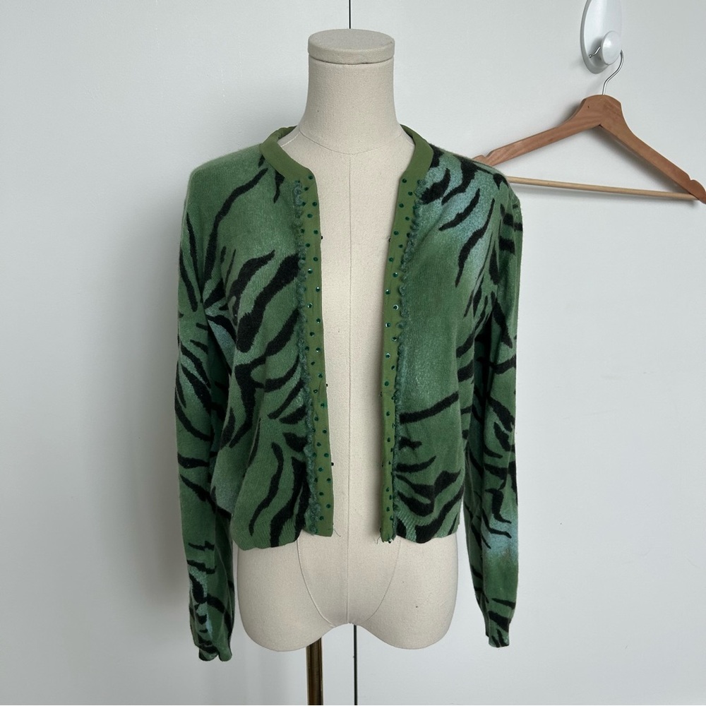 Wool & Cashmere Green Teal Tiger Print Crew Cardigan